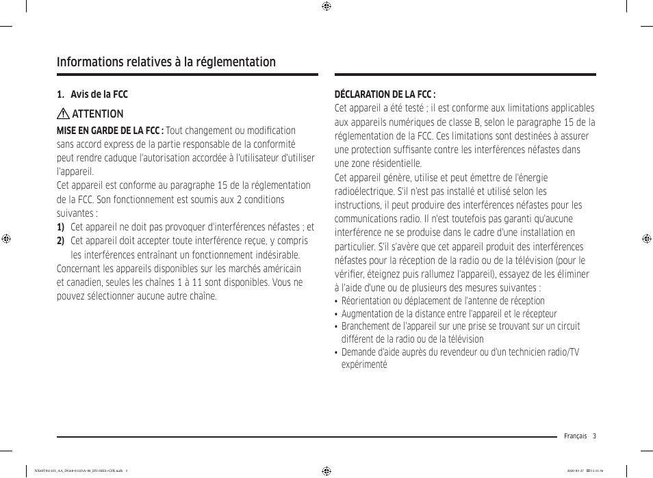 Informations relatives à la réglementation | Samsung 30 Inch Slide-in Gas Smart Range Owner Manual User Manual | Page 99 / 144