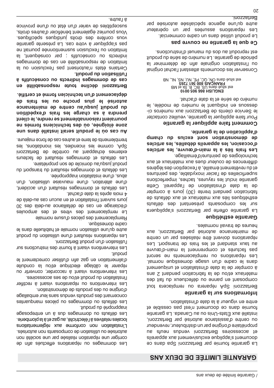 Garantie limitée de deux ans | Bertazzoni Professional Series 24 Inch Freestanding Gas Range Owner's Manual User Manual | Page 21 / 40