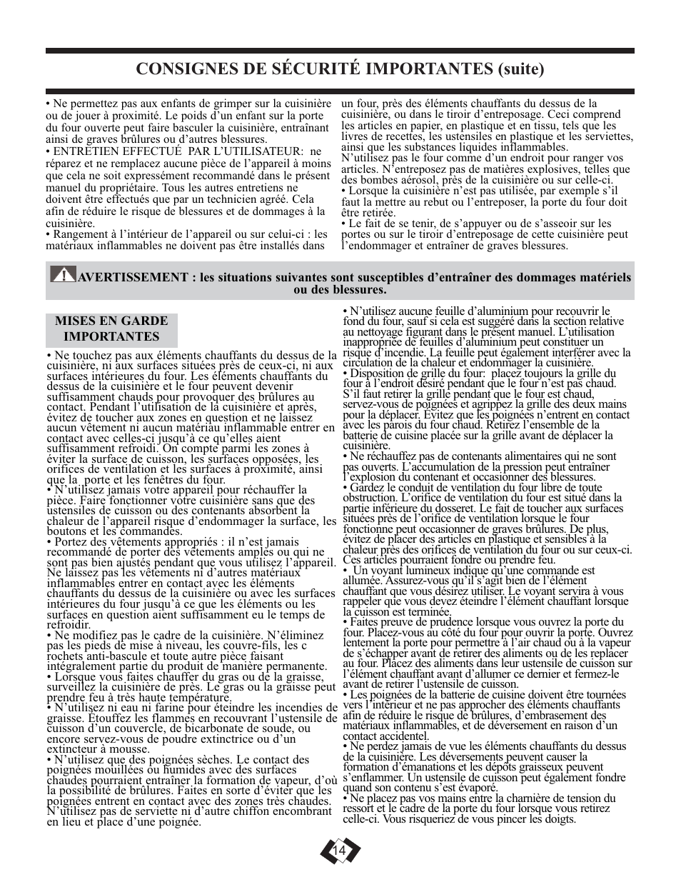 Consignes de sécurité importantes (suite) | Danby DER3009W User Manual | Page 14 / 32