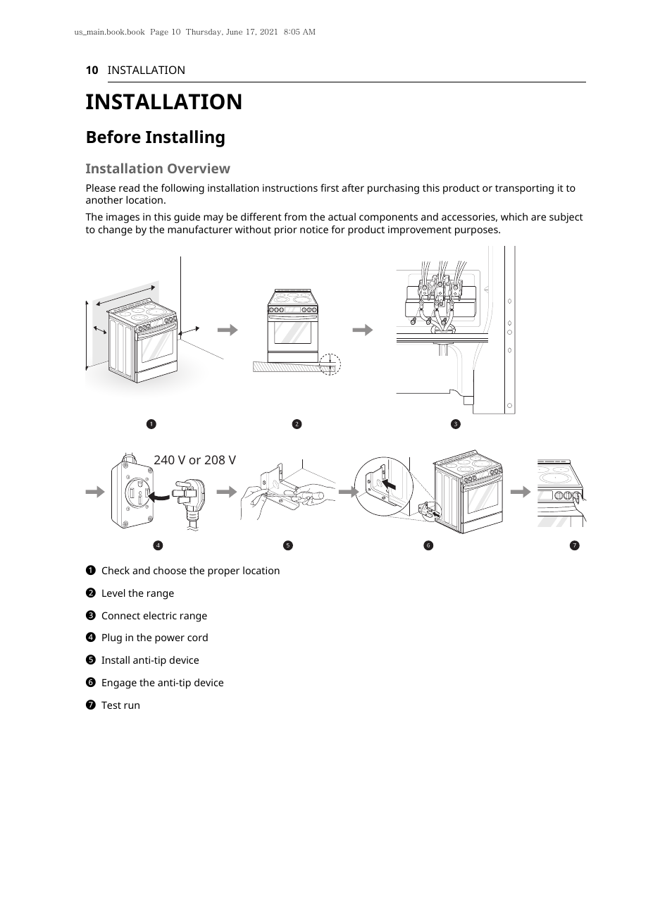 Installation, Before installing | LG 30 Inch Electric Slide-In Smart Range Owner Manual User Manual | Page 10 / 164
