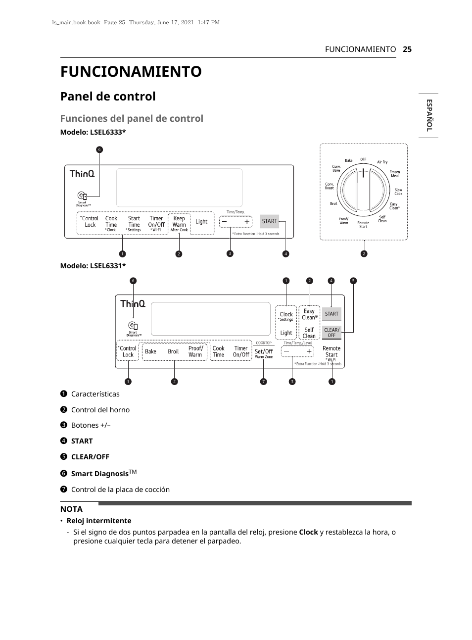 Funcionamiento, Panel de control, Funciones del panel de control | LG 30 Inch Electric Slide-In Smart Range Owner Manual User Manual | Page 101 / 164