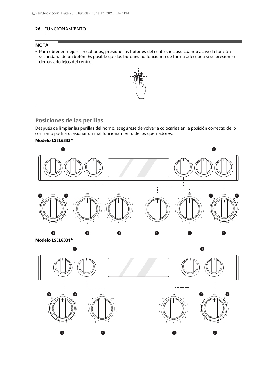 Posiciones de las perillas | LG 30 Inch Electric Slide-In Smart Range Owner Manual User Manual | Page 102 / 164