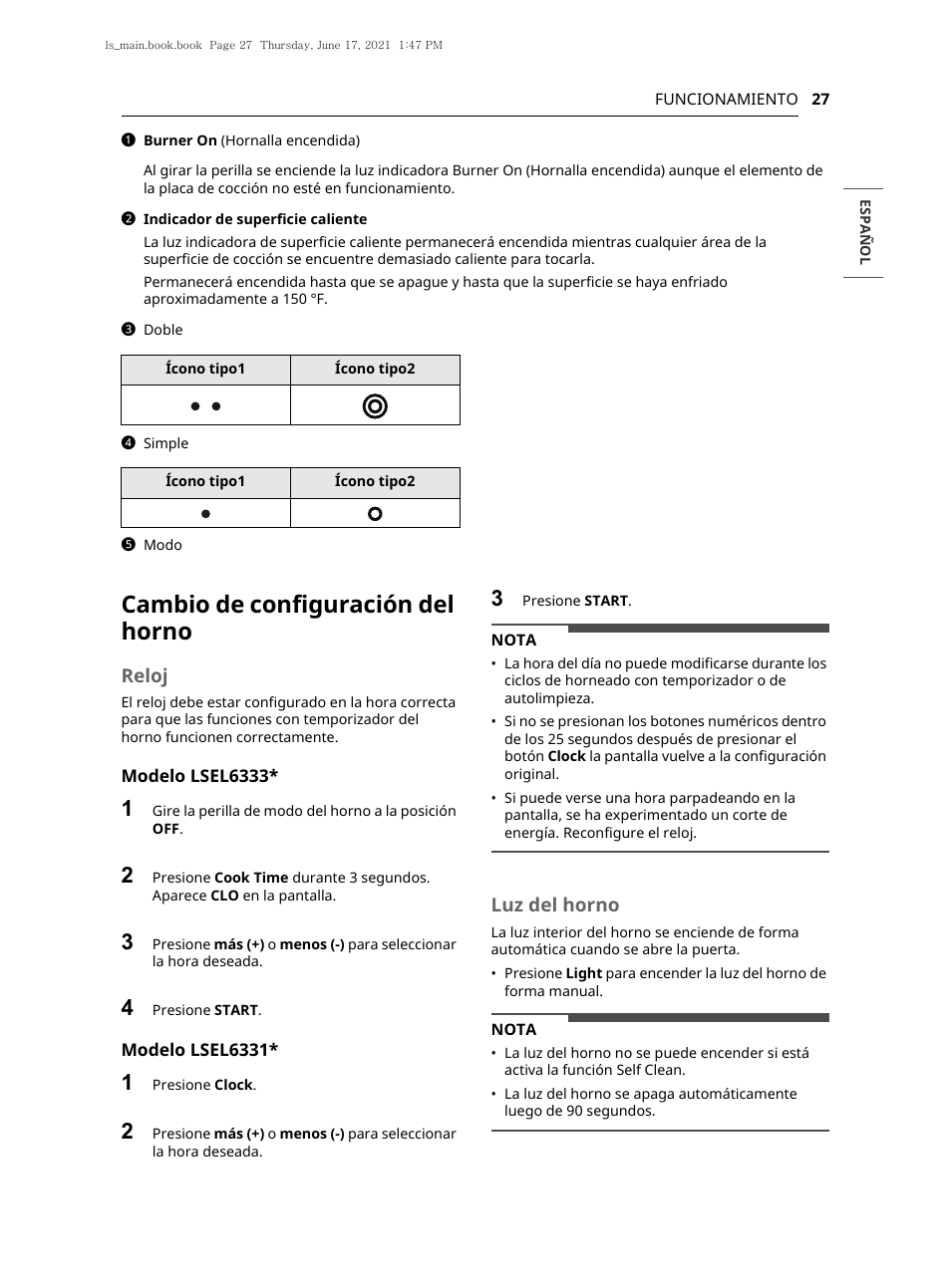Cambio de configuración del horno, Reloj, Luz del horno | LG 30 Inch Electric Slide-In Smart Range Owner Manual User Manual | Page 103 / 164