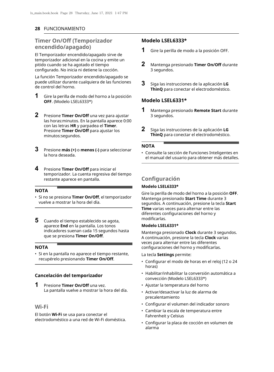 Timer on/off (temporizador encendido/apagado), Wi-fi, Configuración | LG 30 Inch Electric Slide-In Smart Range Owner Manual User Manual | Page 104 / 164