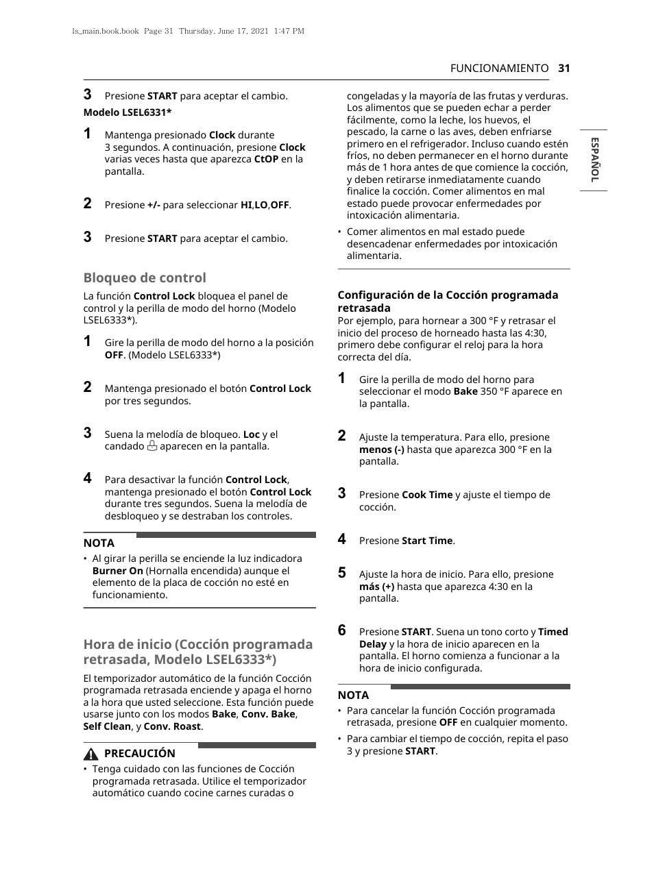 Bloqueo de control | LG 30 Inch Electric Slide-In Smart Range Owner Manual User Manual | Page 107 / 164