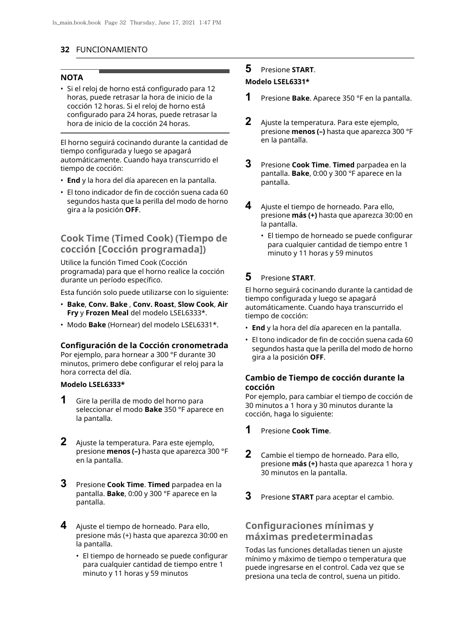 Configuraciones mínimas y máximas predeterminadas | LG 30 Inch Electric Slide-In Smart Range Owner Manual User Manual | Page 108 / 164