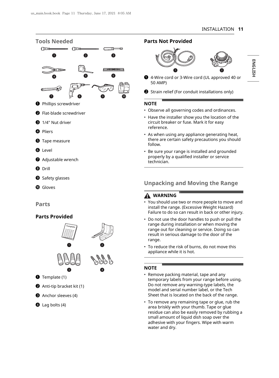 Tools needed, Parts, Unpacking and moving the range | LG 30 Inch Electric Slide-In Smart Range Owner Manual User Manual | Page 11 / 164