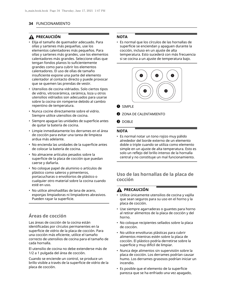 Áreas de cocción, Uso de las hornallas de la placa de cocción | LG 30 Inch Electric Slide-In Smart Range Owner Manual User Manual | Page 110 / 164