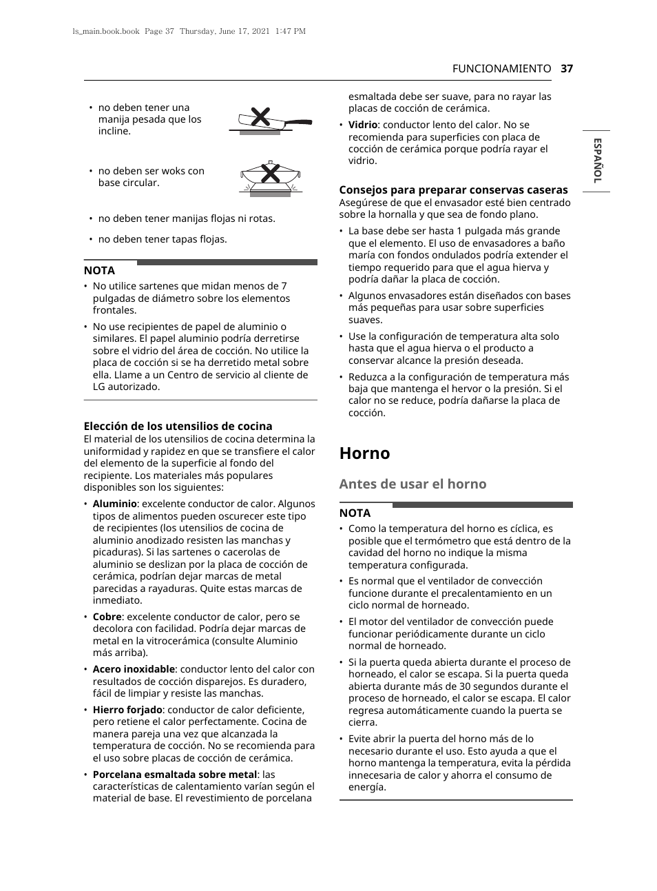 Horno, Antes de usar el horno | LG 30 Inch Electric Slide-In Smart Range Owner Manual User Manual | Page 113 / 164