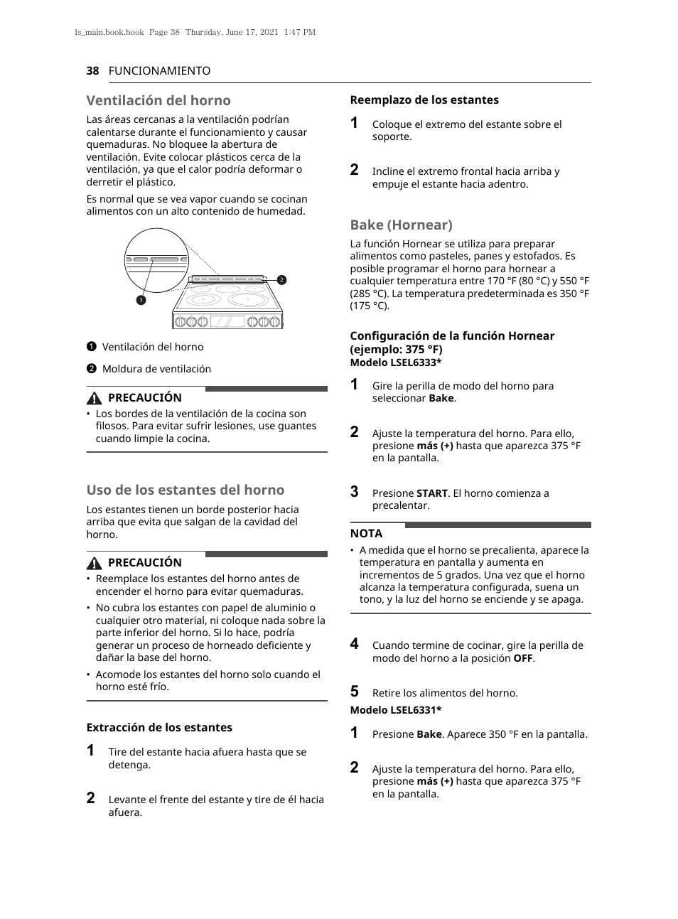 Ventilación del horno, Uso de los estantes del horno, Bake (hornear) | LG 30 Inch Electric Slide-In Smart Range Owner Manual User Manual | Page 114 / 164