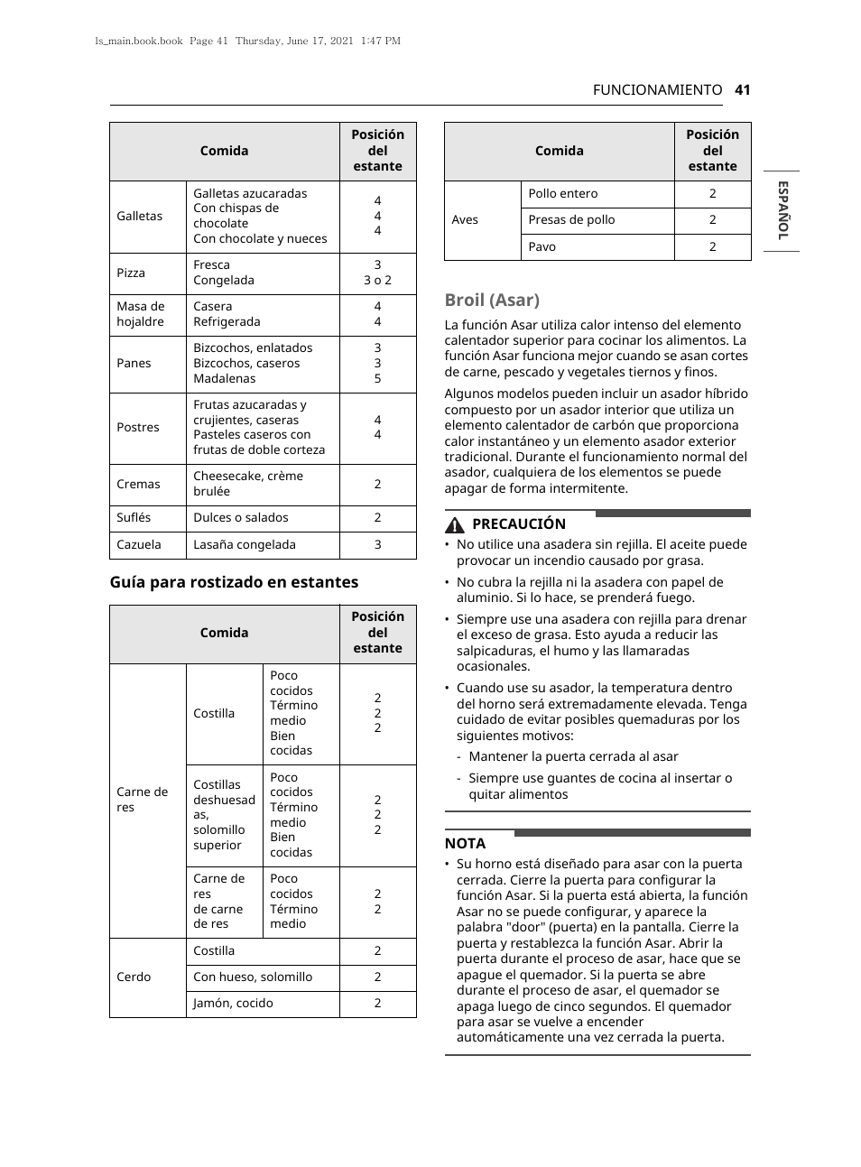 Broil (asar), Guía para rostizado en estantes | LG 30 Inch Electric Slide-In Smart Range Owner Manual User Manual | Page 117 / 164