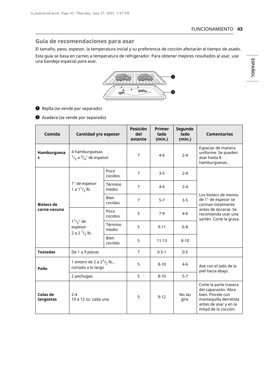 Guía de recomendaciones para asar | LG 30 Inch Electric Slide-In Smart Range Owner Manual User Manual | Page 119 / 164