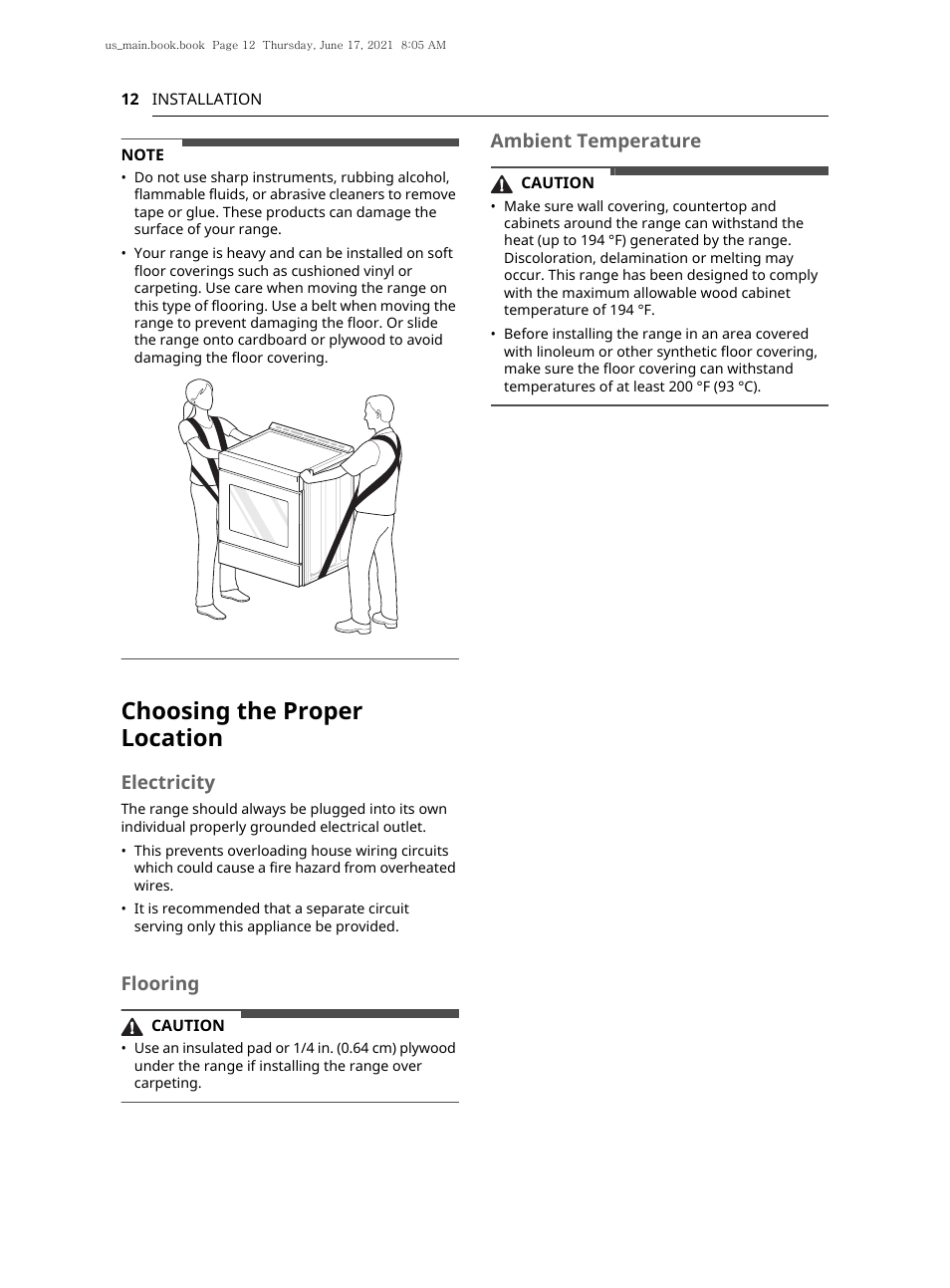 Choosing the proper location, Electricity, Flooring | Ambient temperature | LG 30 Inch Electric Slide-In Smart Range Owner Manual User Manual | Page 12 / 164