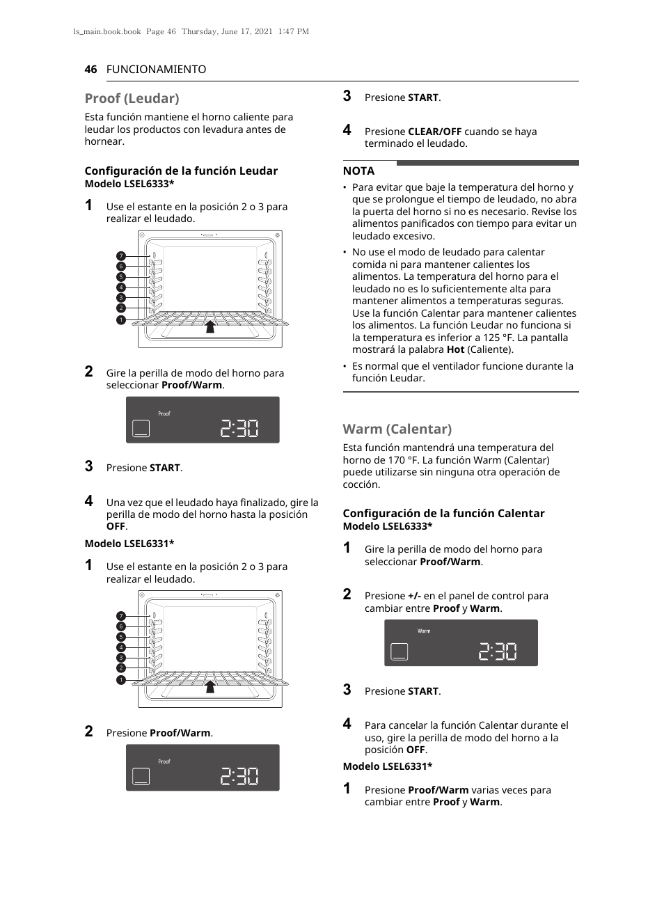 Proof (leudar), Warm (calentar) | LG 30 Inch Electric Slide-In Smart Range Owner Manual User Manual | Page 122 / 164