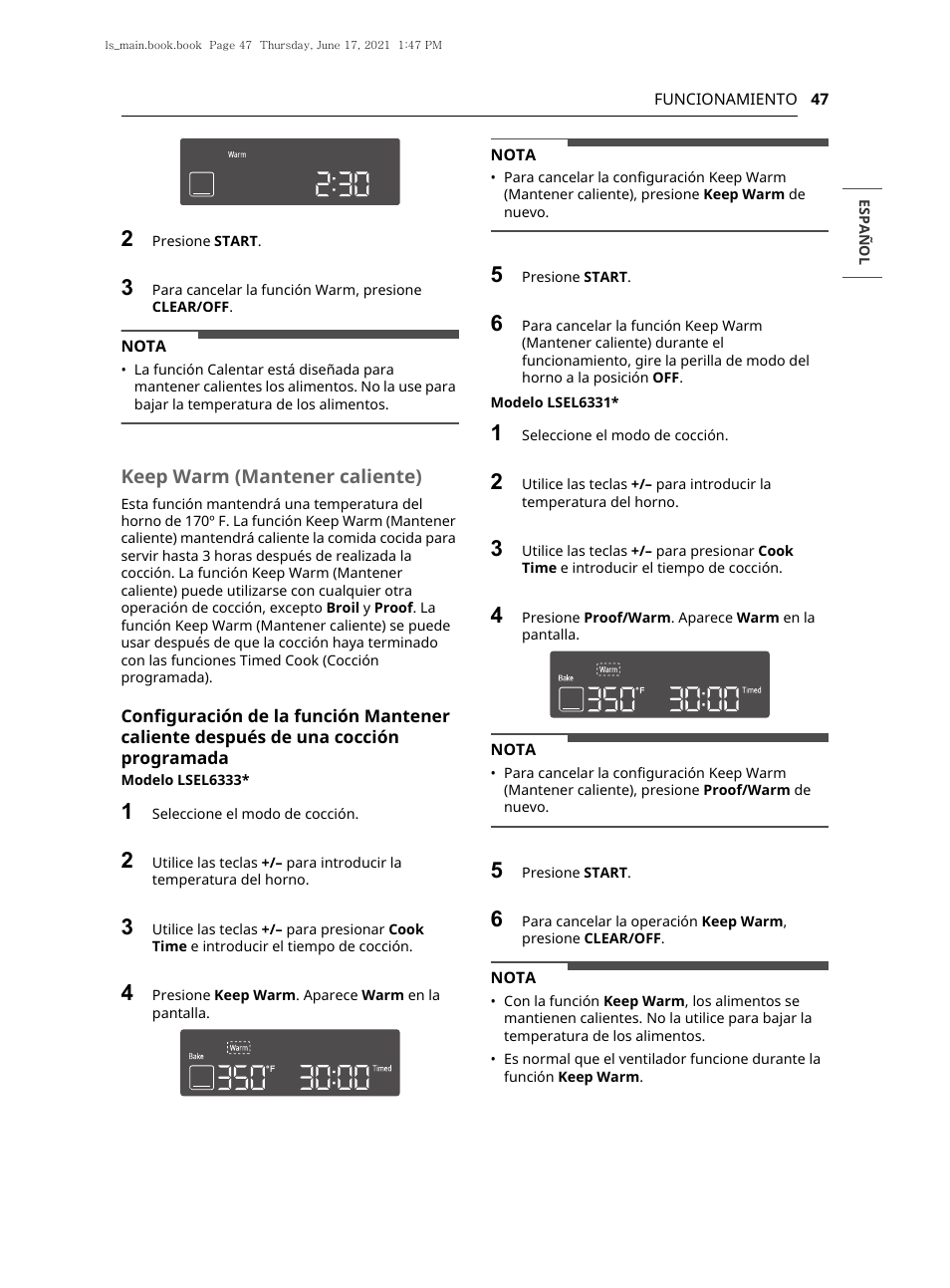 Keep warm (mantener caliente) | LG 30 Inch Electric Slide-In Smart Range Owner Manual User Manual | Page 123 / 164