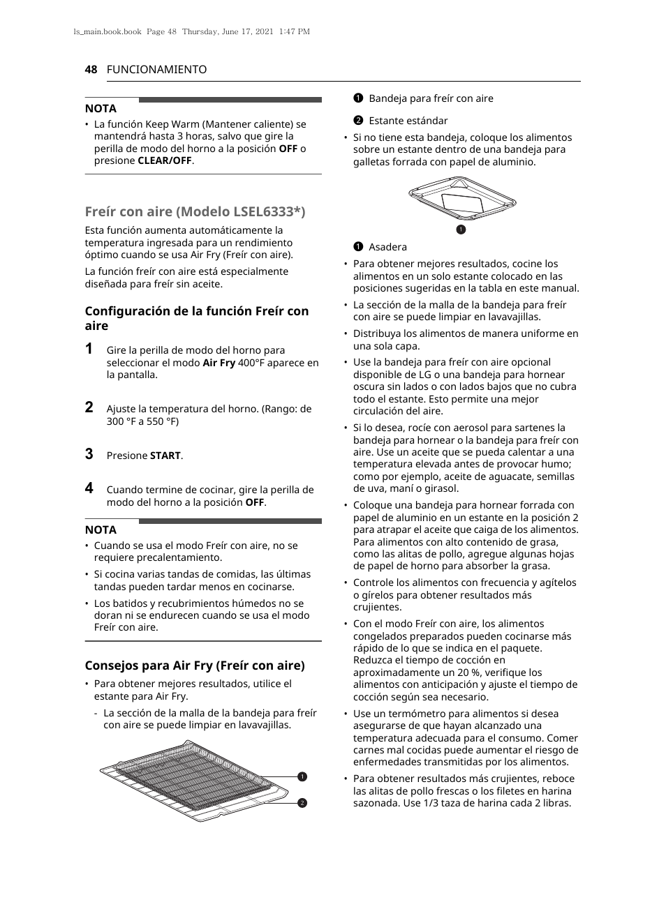 Freír con aire (modelo lsel6333*) | LG 30 Inch Electric Slide-In Smart Range Owner Manual User Manual | Page 124 / 164