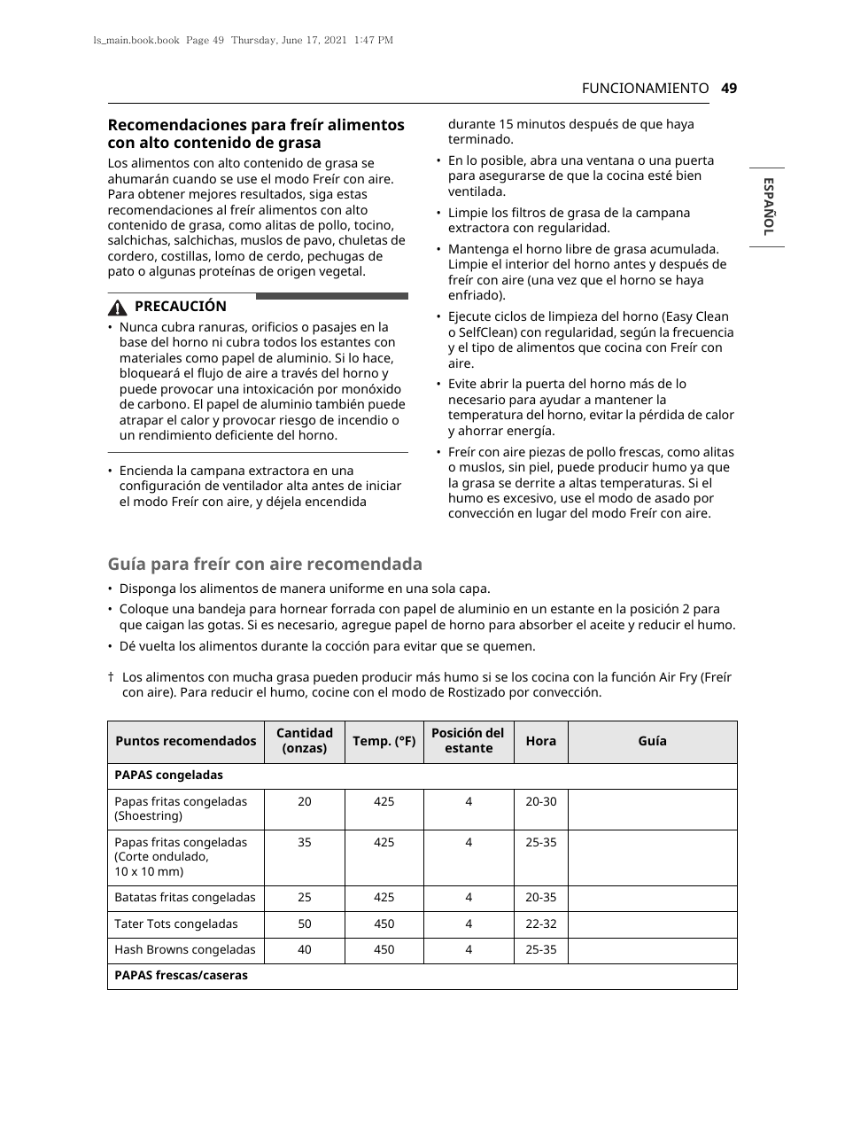 Guía para freír con aire recomendada | LG 30 Inch Electric Slide-In Smart Range Owner Manual User Manual | Page 125 / 164