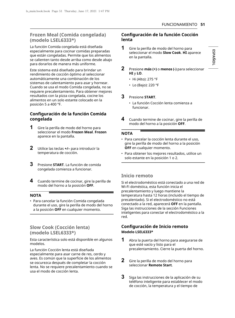Frozen meal (comida congelada) (modelo lsel6333*), Slow cook (cocción lenta) (modelo lsel6333*), Inicio remoto | LG 30 Inch Electric Slide-In Smart Range Owner Manual User Manual | Page 127 / 164