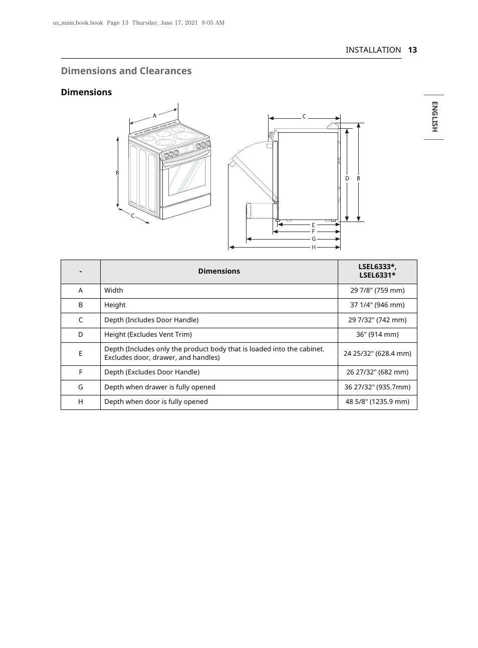 Dimensions and clearances, Dimensions | LG 30 Inch Electric Slide-In Smart Range Owner Manual User Manual | Page 13 / 164