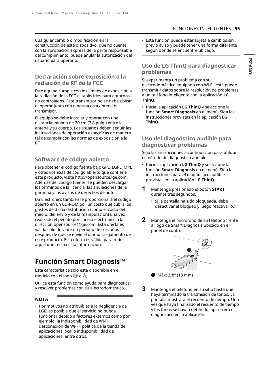 Función smart diagnosis, Software de código abierto, Uso de lg thinq para diagnosticar problemas | LG 30 Inch Electric Slide-In Smart Range Owner Manual User Manual | Page 131 / 164