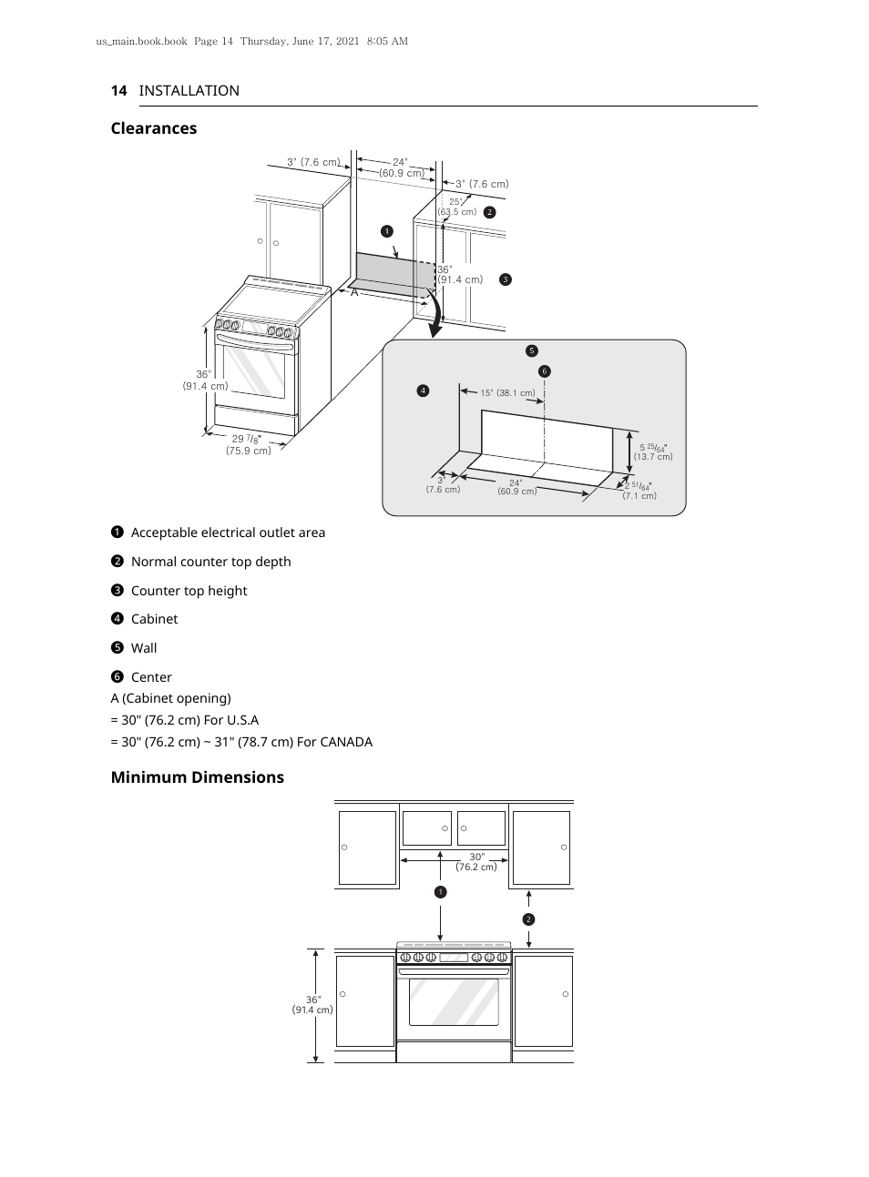 Clearances, Minimum dimensions, 14 installation | LG 30 Inch Electric Slide-In Smart Range Owner Manual User Manual | Page 14 / 164