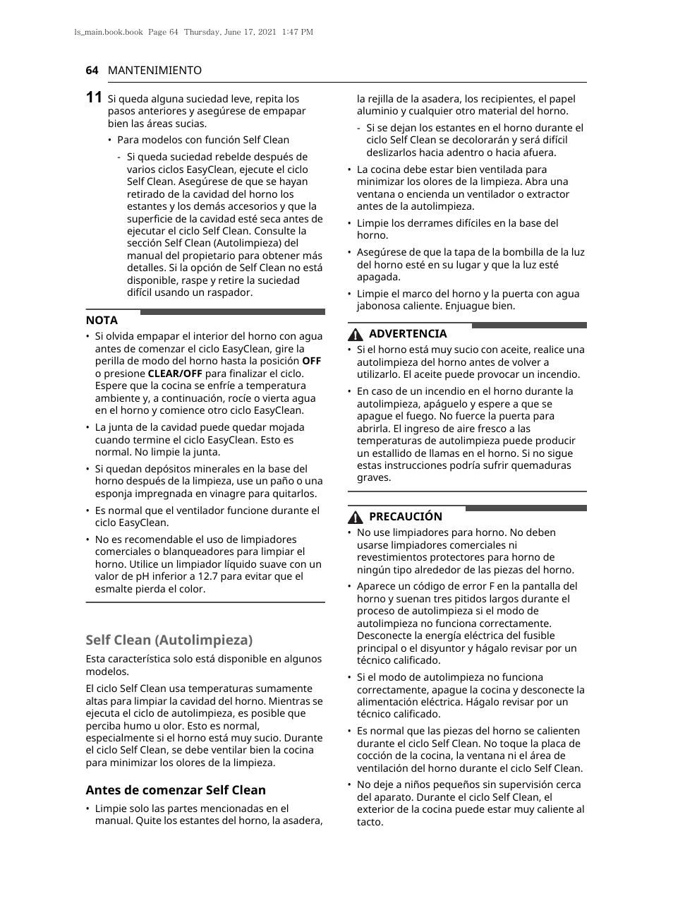 Self clean (autolimpieza) | LG 30 Inch Electric Slide-In Smart Range Owner Manual User Manual | Page 140 / 164