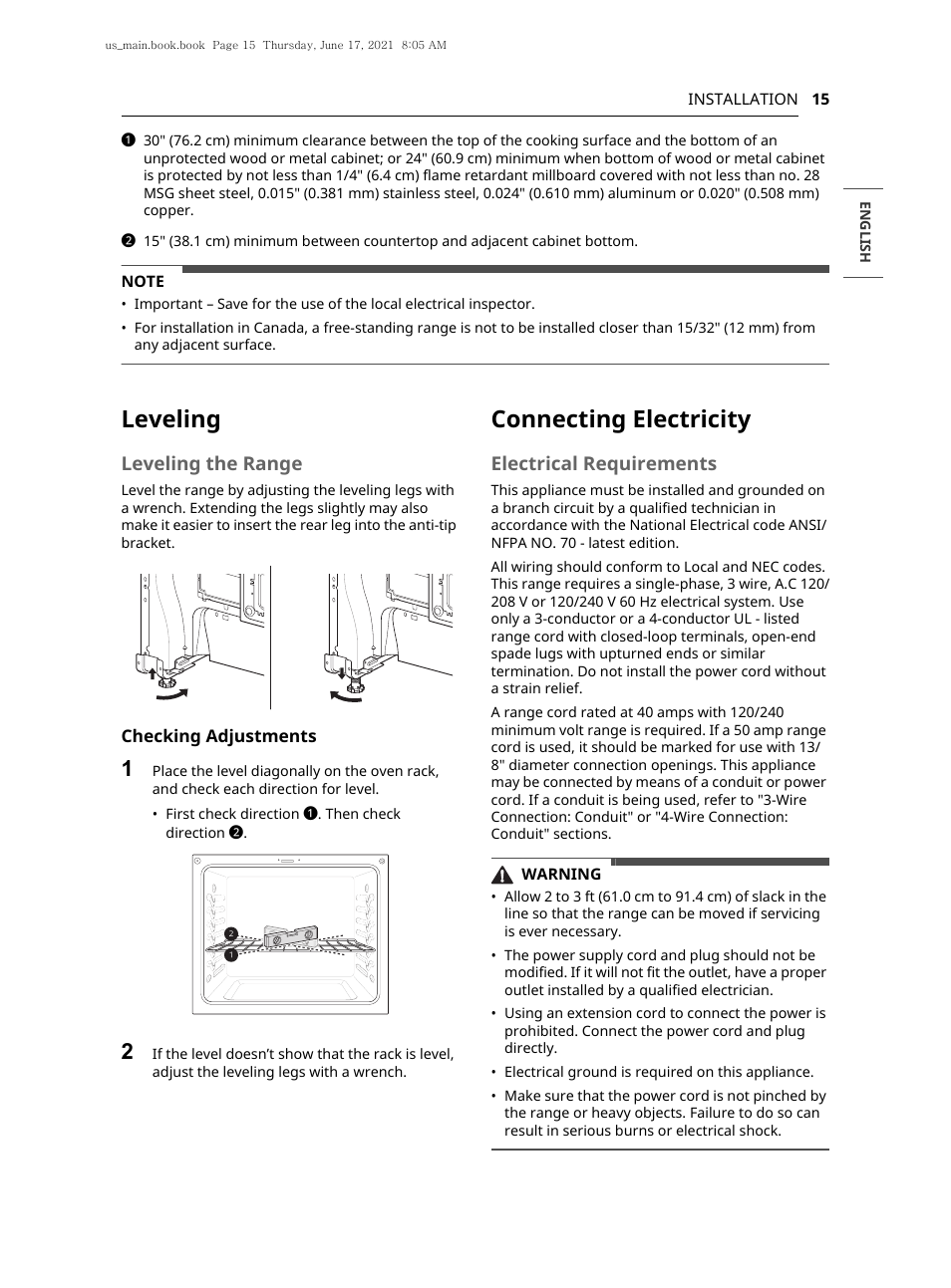 Leveling, Connecting electricity, Leveling the range | Electrical requirements | LG 30 Inch Electric Slide-In Smart Range Owner Manual User Manual | Page 15 / 164