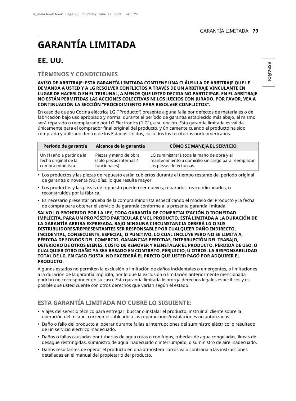 Garantía limitada, Ee. uu, Términos y condiciones | Esta garantía limitada no cubre lo siguiente | LG 30 Inch Electric Slide-In Smart Range Owner Manual User Manual | Page 155 / 164