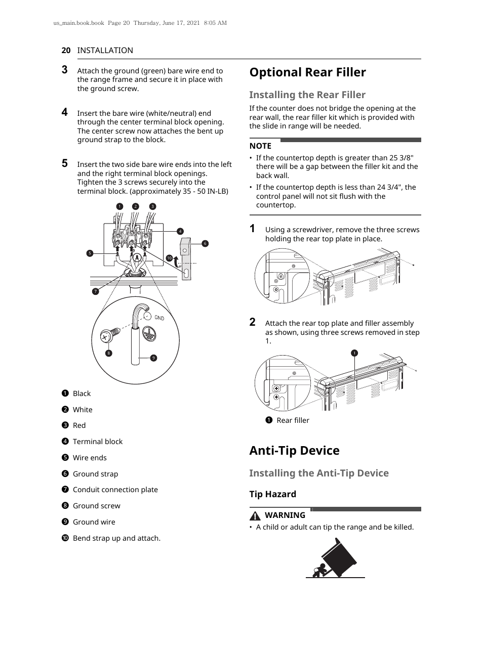 Optional rear filler, Anti-tip device, Installing the rear filler | Installing the anti-tip device | LG 30 Inch Electric Slide-In Smart Range Owner Manual User Manual | Page 20 / 164