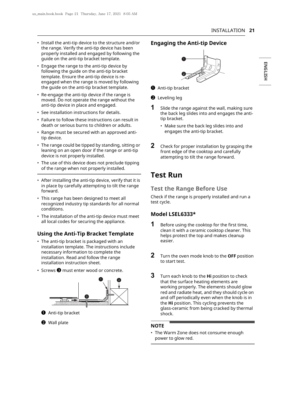 Test run, Test the range before use | LG 30 Inch Electric Slide-In Smart Range Owner Manual User Manual | Page 21 / 164
