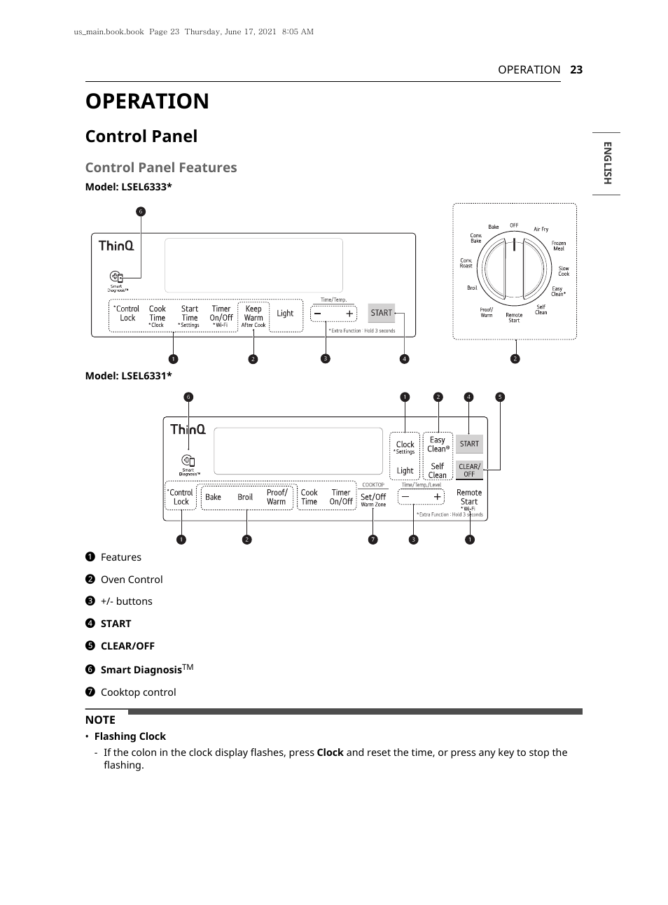 Operation, Control panel, Control panel features | LG 30 Inch Electric Slide-In Smart Range Owner Manual User Manual | Page 23 / 164