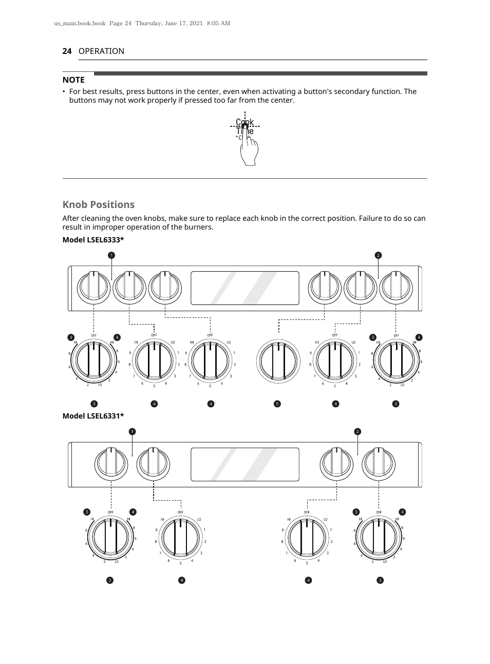Knob positions | LG 30 Inch Electric Slide-In Smart Range Owner Manual User Manual | Page 24 / 164