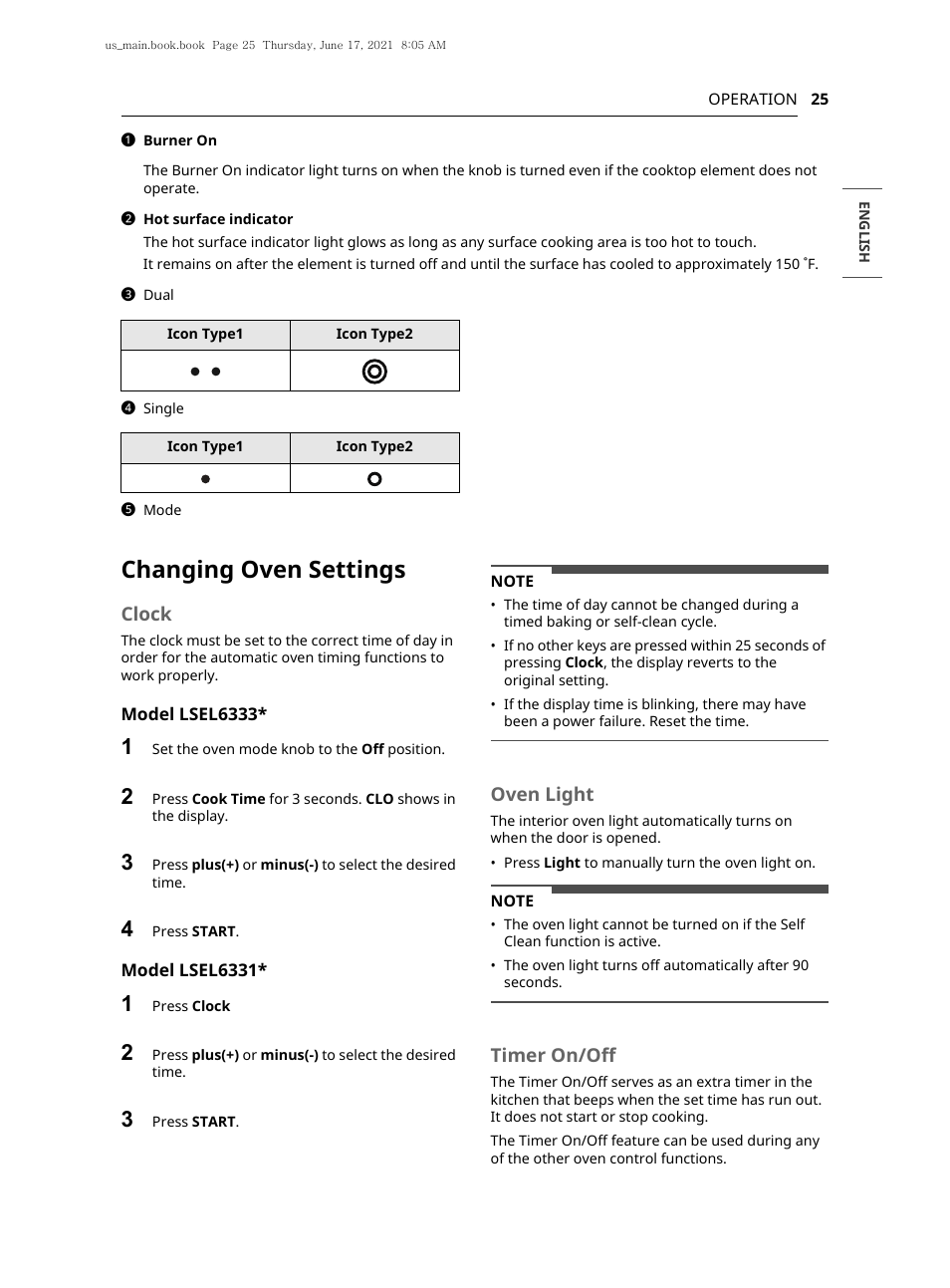 Changing oven settings, Clock, Oven light | Timer on/off | LG 30 Inch Electric Slide-In Smart Range Owner Manual User Manual | Page 25 / 164