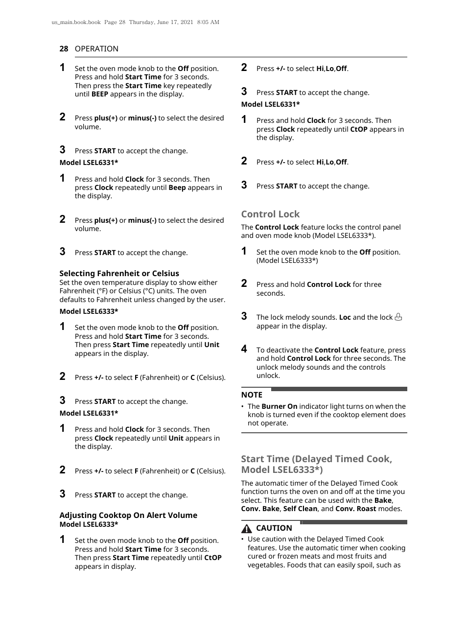 Control lock, Start time (delayed timed cook, model lsel6333*) | LG 30 Inch Electric Slide-In Smart Range Owner Manual User Manual | Page 28 / 164