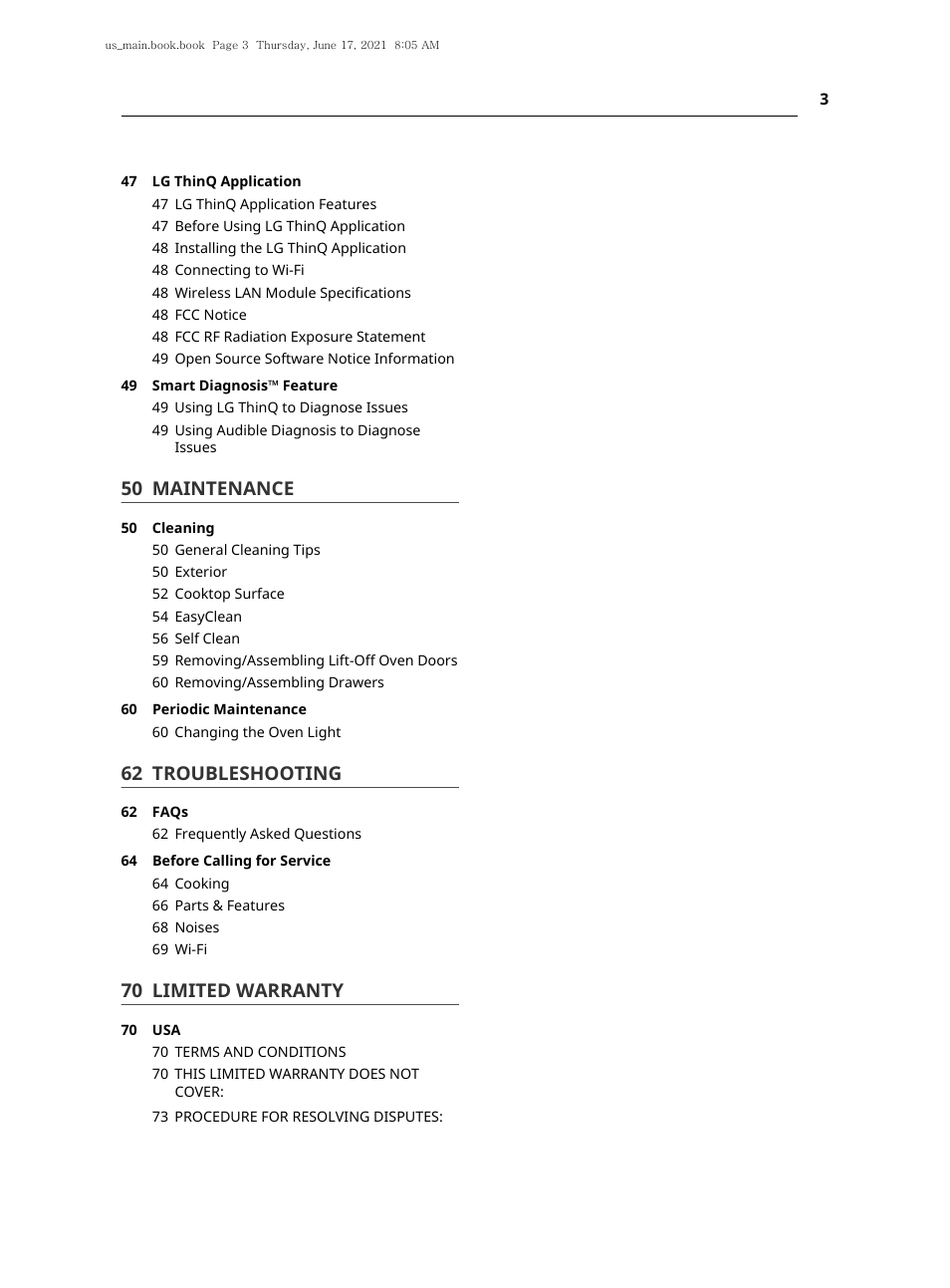50 maintenance, 62 troubleshooting, 70 limited warranty | LG 30 Inch Electric Slide-In Smart Range Owner Manual User Manual | Page 3 / 164