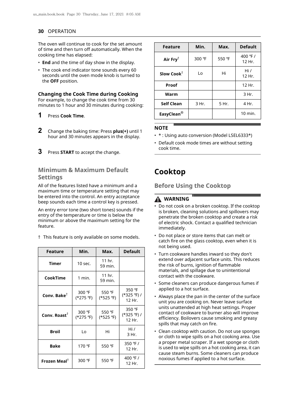 Cooktop, Minimum & maximum default settings, Before using the cooktop | LG 30 Inch Electric Slide-In Smart Range Owner Manual User Manual | Page 30 / 164