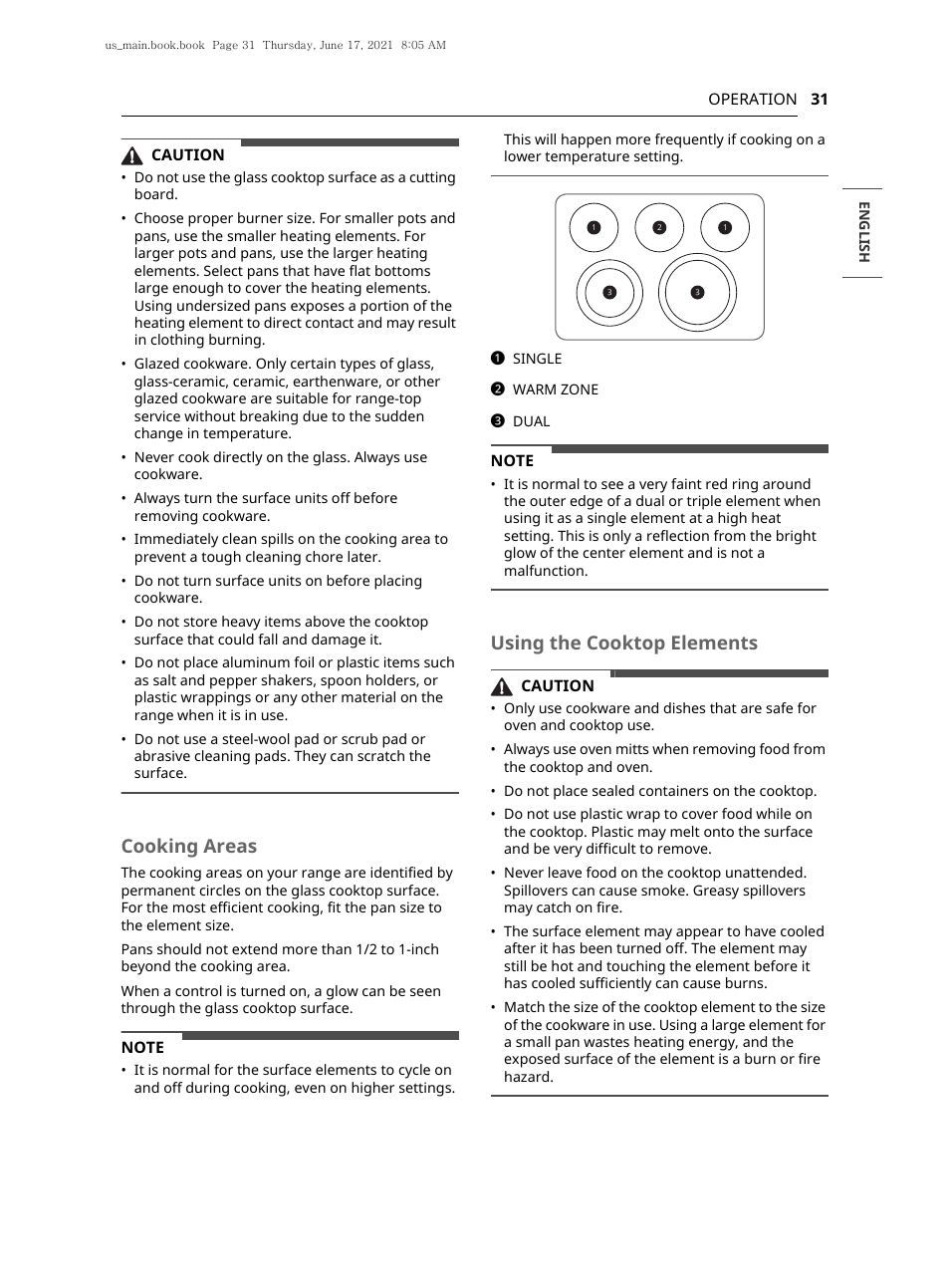 Cooking areas, Using the cooktop elements | LG 30 Inch Electric Slide-In Smart Range Owner Manual User Manual | Page 31 / 164