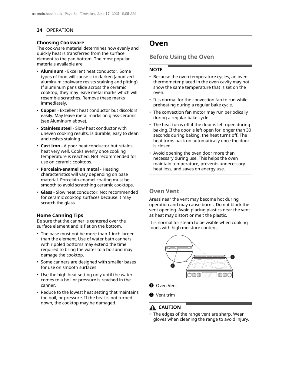 Oven, Before using the oven, Oven vent | LG 30 Inch Electric Slide-In Smart Range Owner Manual User Manual | Page 34 / 164
