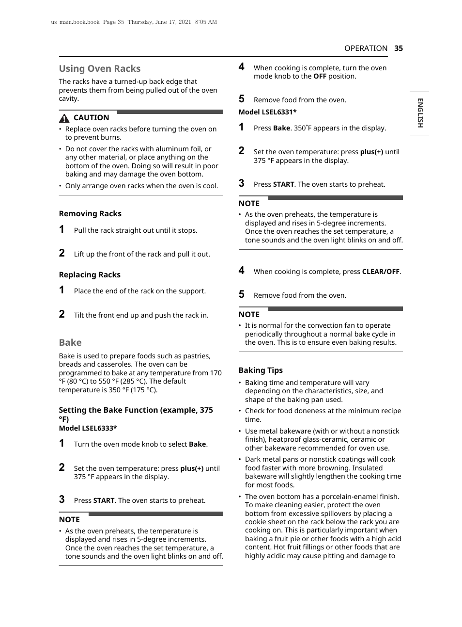 Using oven racks, Bake | LG 30 Inch Electric Slide-In Smart Range Owner Manual User Manual | Page 35 / 164