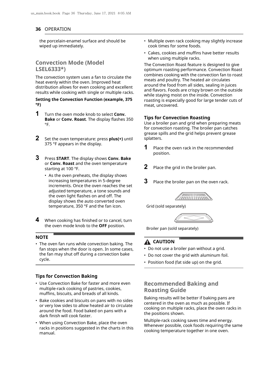 Convection mode (model lsel6333*), Recommended baking and roasting guide | LG 30 Inch Electric Slide-In Smart Range Owner Manual User Manual | Page 36 / 164