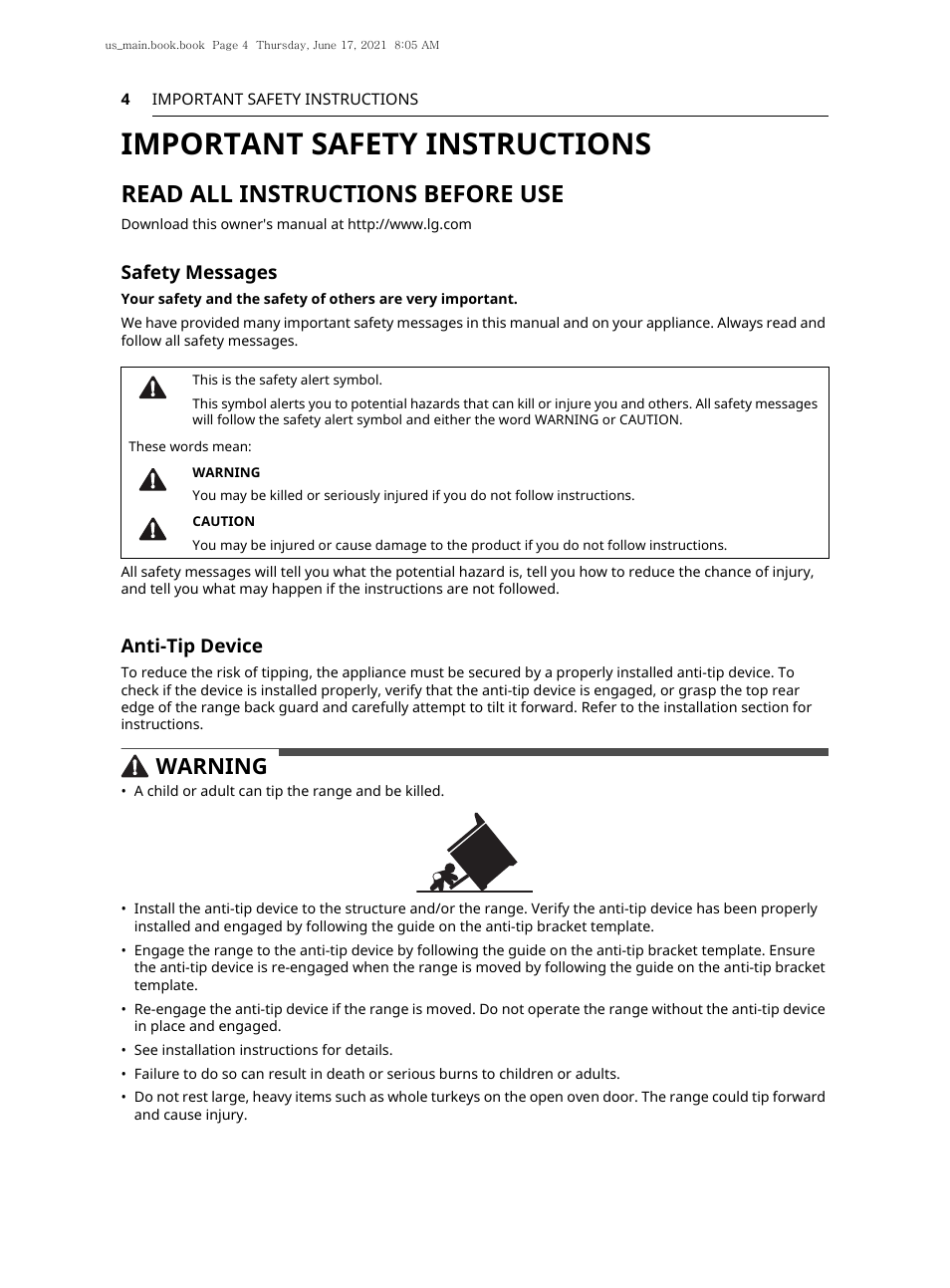 Important safety instructions, Read all instructions before use, Warning | Safety messages, Anti-tip device | LG 30 Inch Electric Slide-In Smart Range Owner Manual User Manual | Page 4 / 164