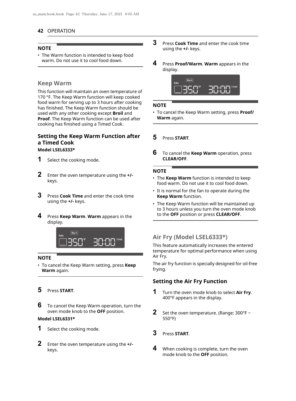 Keep warm, Air fry (model lsel6333*) | LG 30 Inch Electric Slide-In Smart Range Owner Manual User Manual | Page 42 / 164