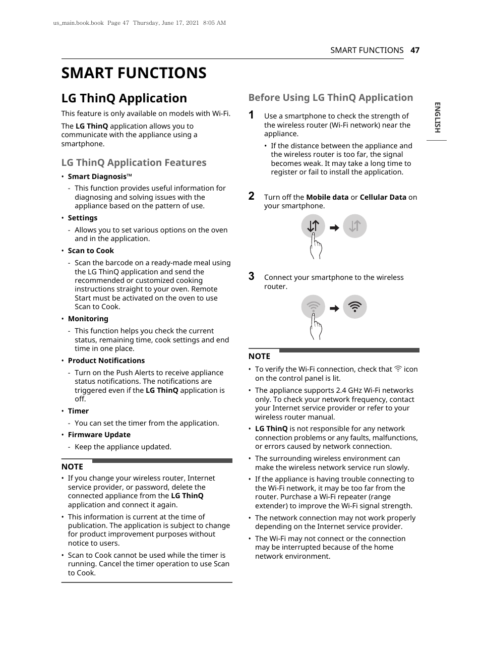 Smart functions, Lg thinq application, Lg thinq application features | Before using lg thinq application | LG 30 Inch Electric Slide-In Smart Range Owner Manual User Manual | Page 47 / 164