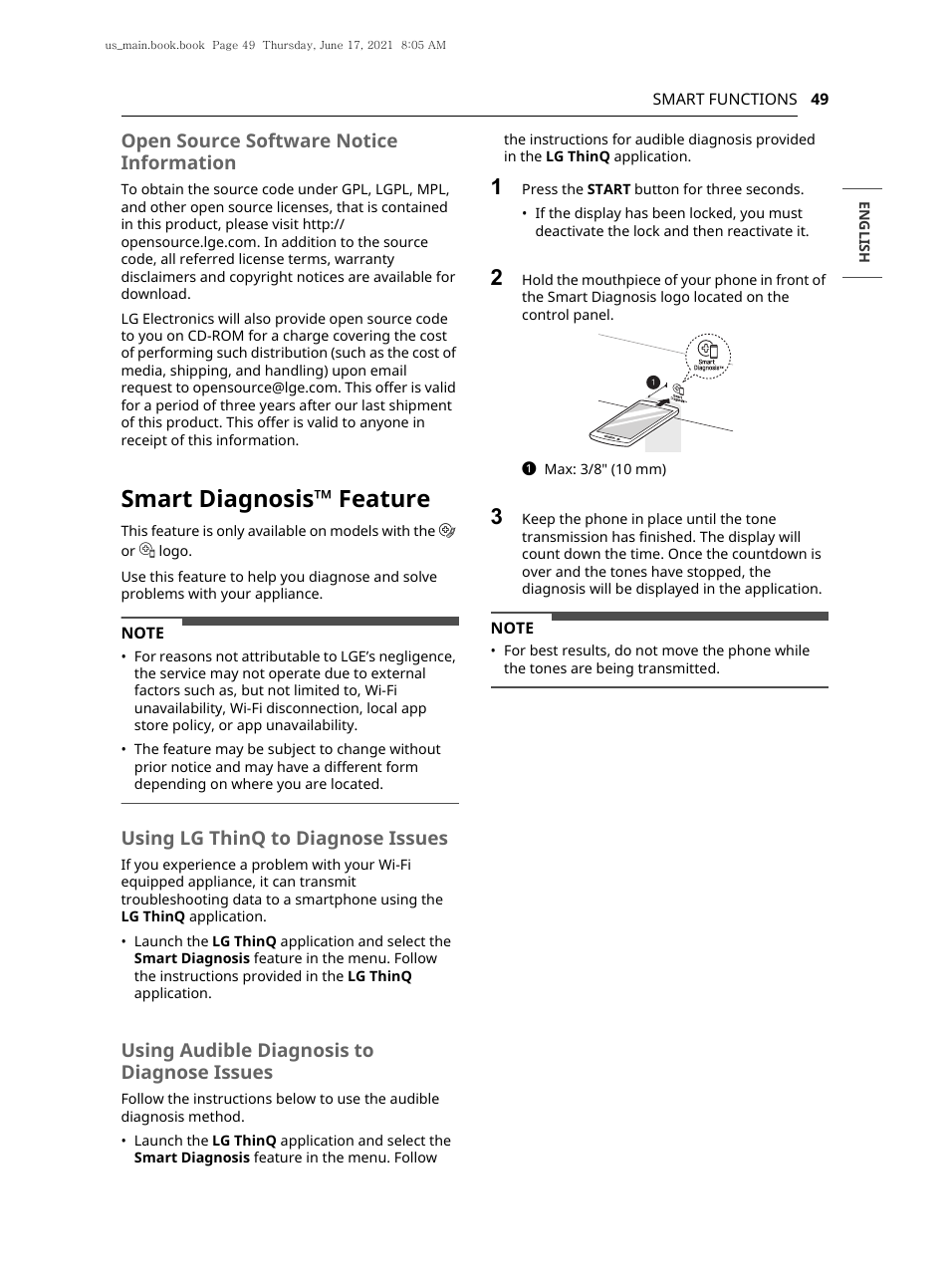 Smart diagnosis™ feature, Open source software notice information, Using lg thinq to diagnose issues | Using audible diagnosis to diagnose issues | LG 30 Inch Electric Slide-In Smart Range Owner Manual User Manual | Page 49 / 164