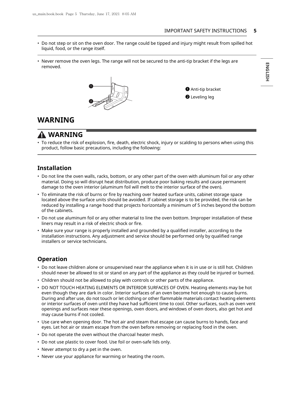 Warning, Installation, Operation | LG 30 Inch Electric Slide-In Smart Range Owner Manual User Manual | Page 5 / 164