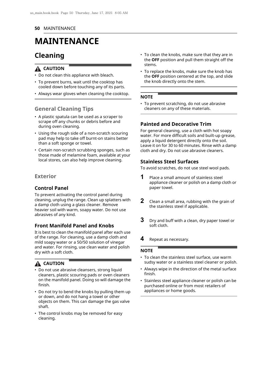 Maintenance, Cleaning, General cleaning tips | Exterior | LG 30 Inch Electric Slide-In Smart Range Owner Manual User Manual | Page 50 / 164