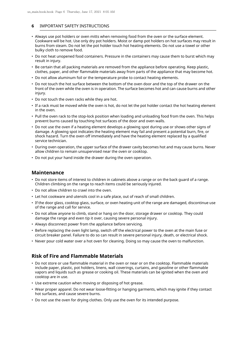 Maintenance, Risk of fire and flammable materials | LG 30 Inch Electric Slide-In Smart Range Owner Manual User Manual | Page 6 / 164