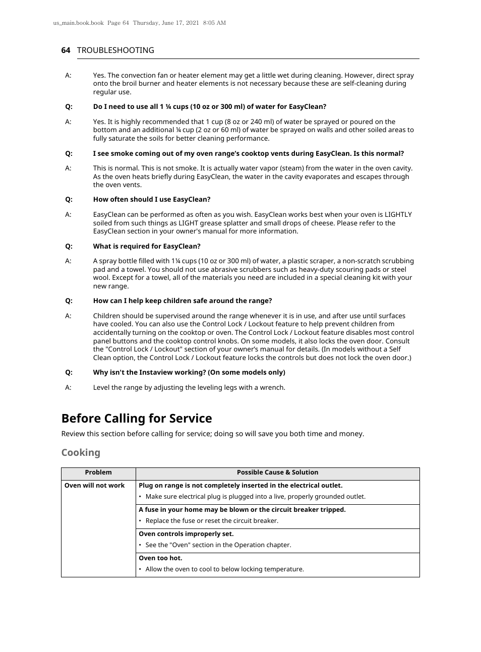 Before calling for service, Cooking | LG 30 Inch Electric Slide-In Smart Range Owner Manual User Manual | Page 64 / 164