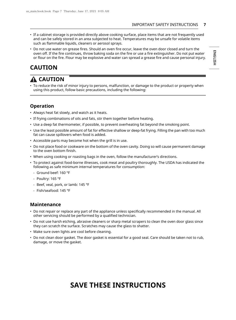 Save these instructions, Caution, Operation | Maintenance | LG 30 Inch Electric Slide-In Smart Range Owner Manual User Manual | Page 7 / 164