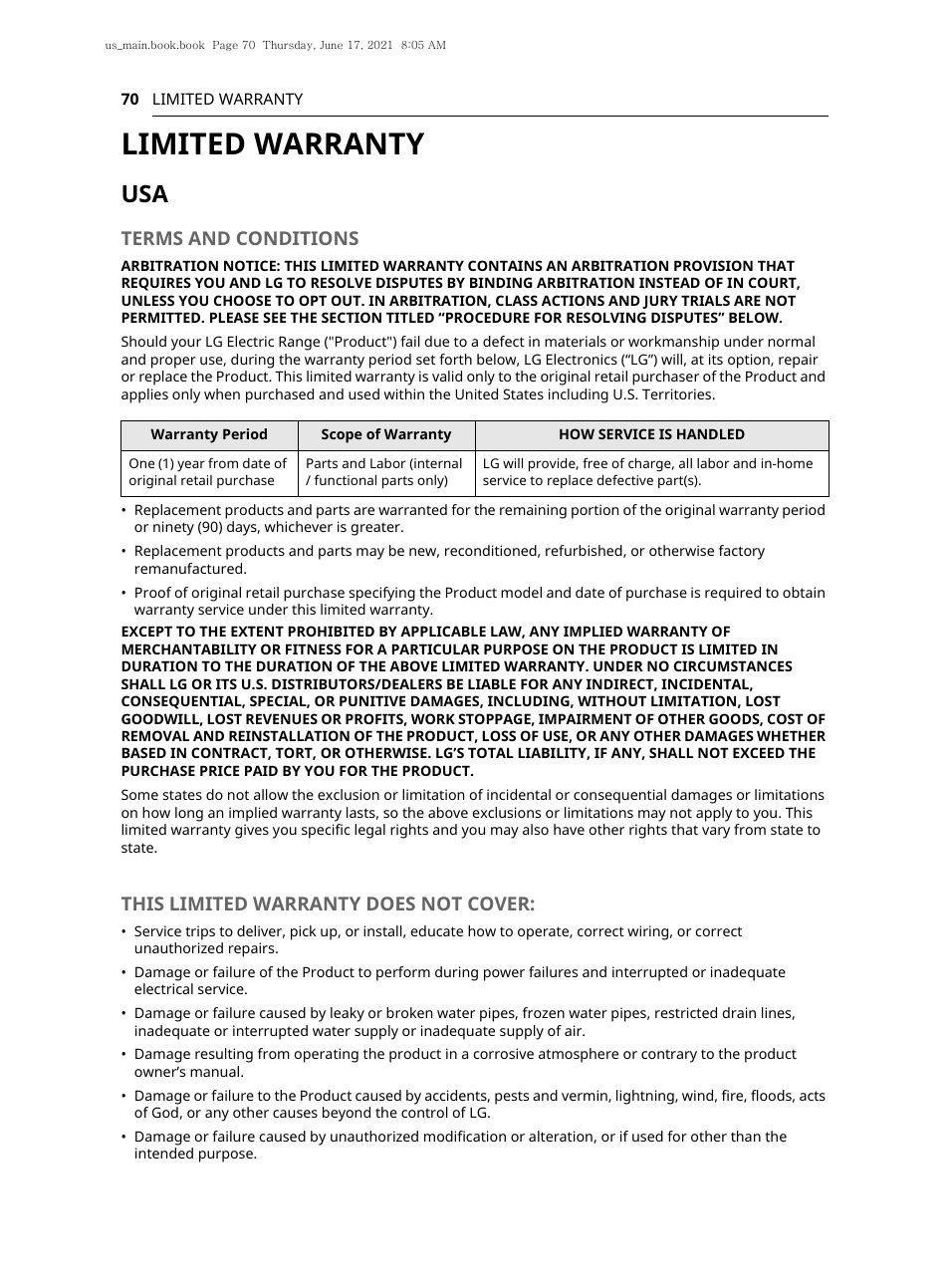 Limited warranty, Terms and conditions, This limited warranty does not cover | LG 30 Inch Electric Slide-In Smart Range Owner Manual User Manual | Page 70 / 164